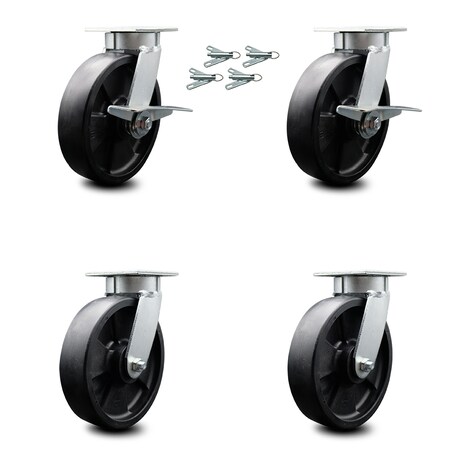Service Caster 8 Inch Kingpinless Glass Filled Nylon Wheel Caster Swivel Locks 2 Brakes, 4PK SCC-KP30S820-GFNR-SLB-BSL-2-BSL-2